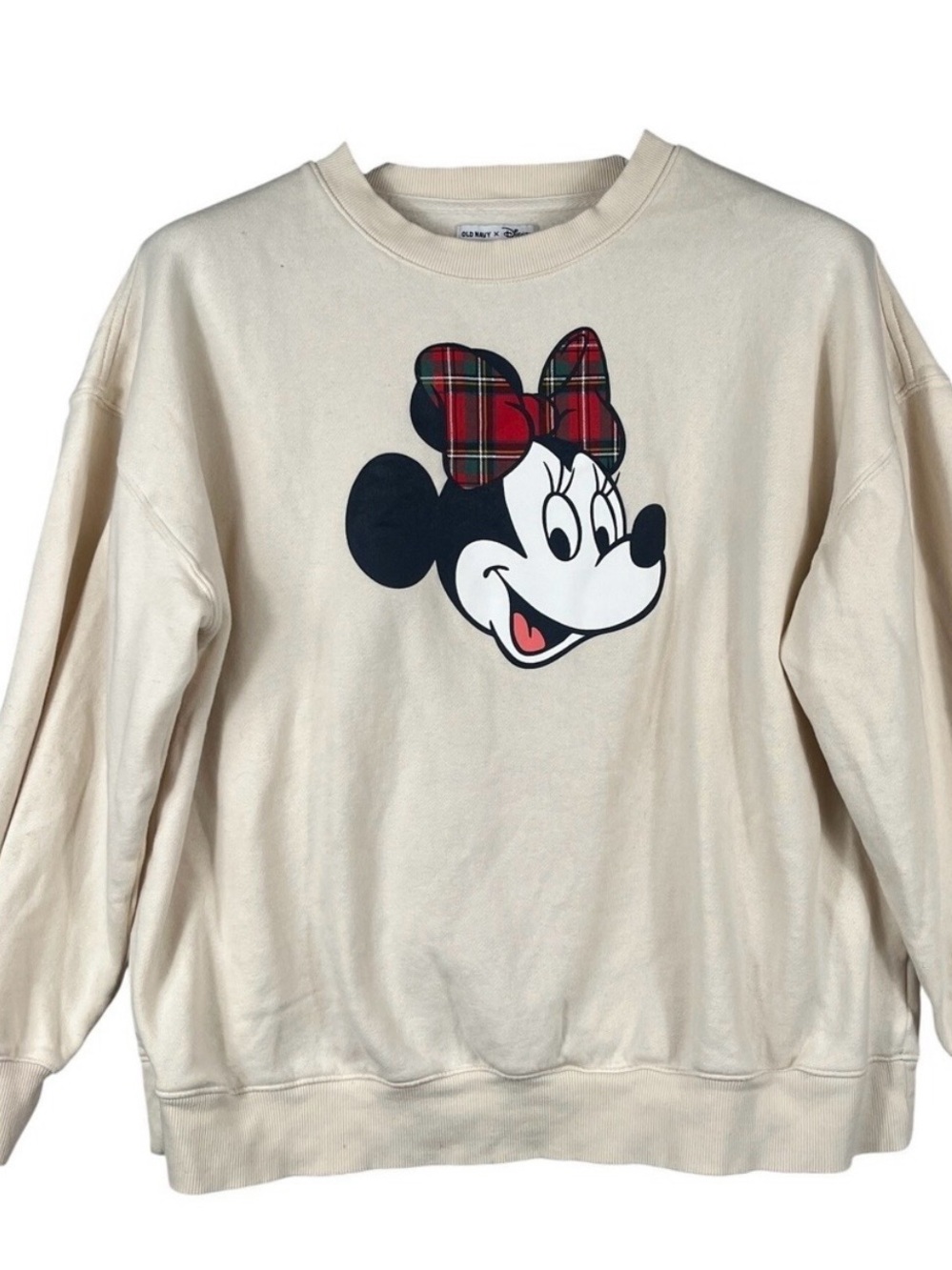 Old Navy Cream Minnie Mouse Plaid Bow Graphic Sweatshirt